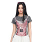Fake Two-Piece Crop Top, Retro FERAL 66 Print Lace Bow Tee, Slim Short Sleeve T-shirt for Women