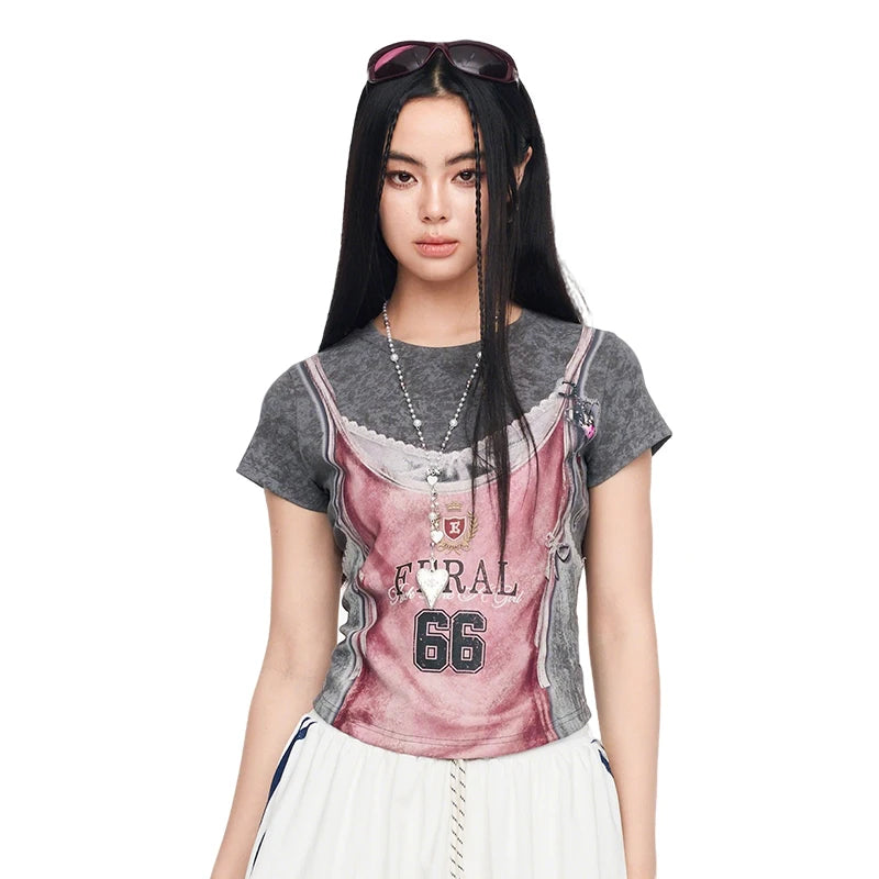 Fake Two-Piece Crop Top, Retro FERAL 66 Print Lace Bow Tee, Slim Short Sleeve T-shirt for Women