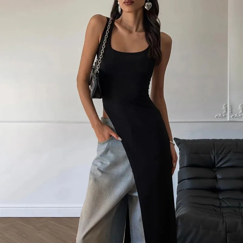 Sexy Sleeveless High Split Long Dresses Street Fashion Asymmetrical Summer Dress Women Red Black Vestidos
