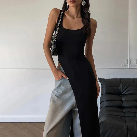 Sexy Sleeveless High Split Long Dresses Street Fashion Asymmetrical Summer Dress Women Red Black Vestidos