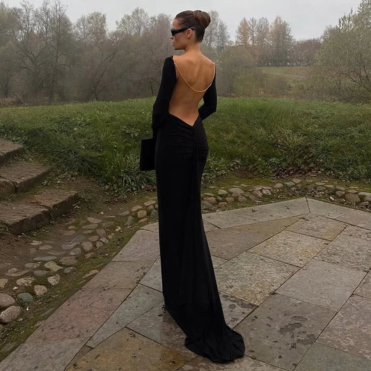 Chain Backless Long Sleeve Maxi Dress Black Prom Gowns Elegant Sexy Evening Party Dresses for Woman