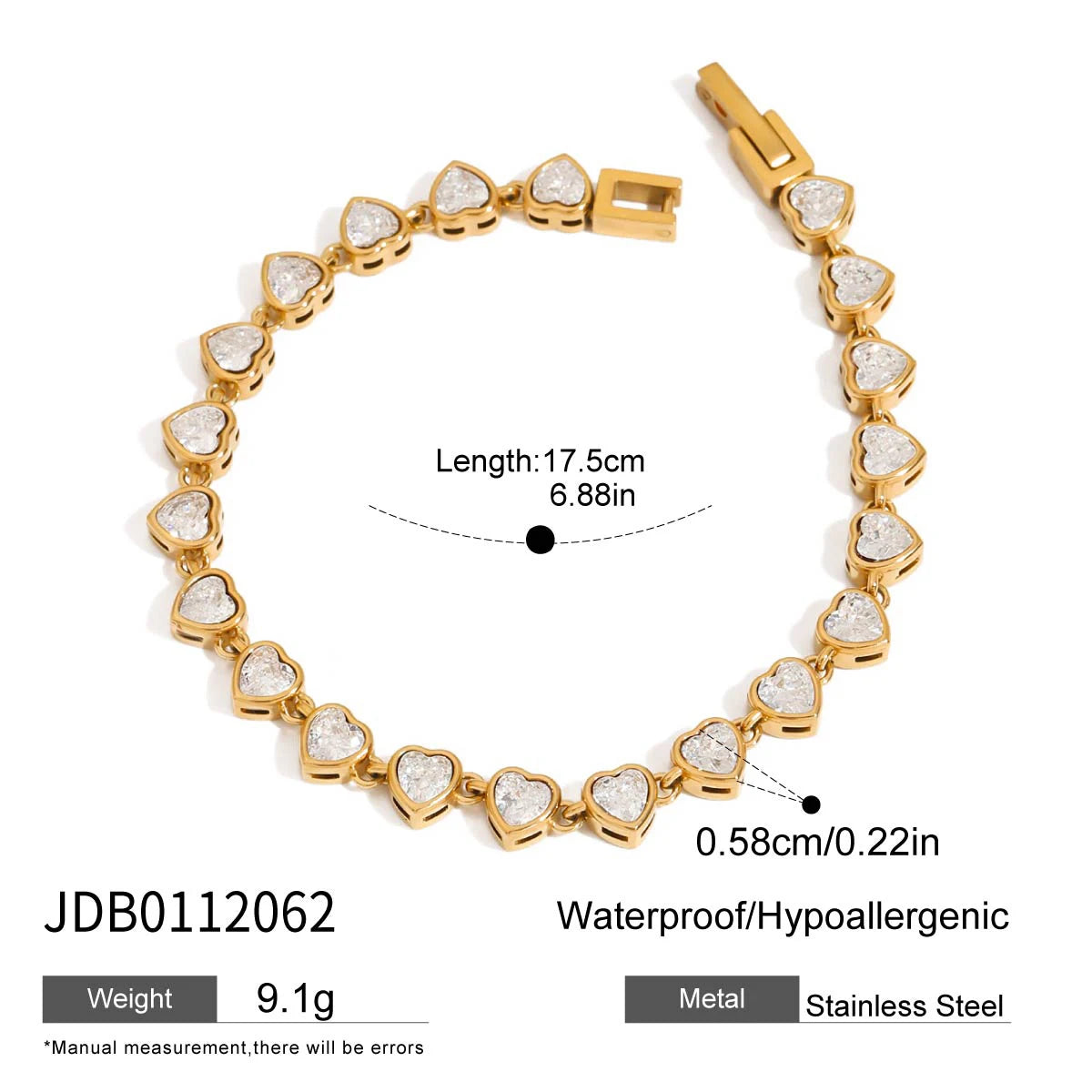 Stainless Steel Chain Bracelet with Heart-Shaped Zirconia and Gold Color Plating for Women Casual Everyday Jewelry Gift