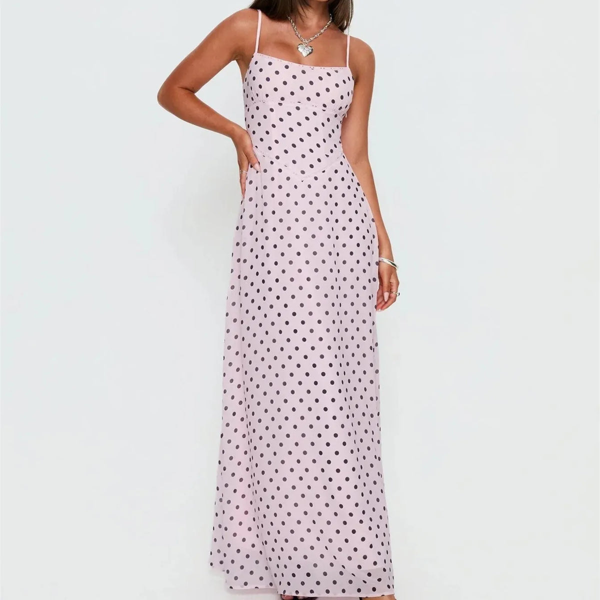 Y2K Polka Dot Print Maxi Dress for Women Spaghetti Strap Lace Up Back A Line Chiffon Long Dress for Elegant Wear