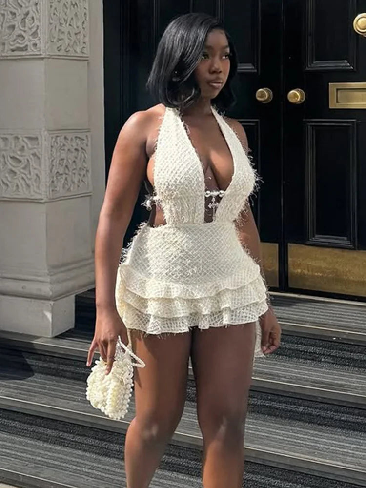 Sexy Backless Mini Dress Women Bandage Halter Low-Neck Sleeveless Puffy Tierred Hem Hottie Street Fashion Outfits