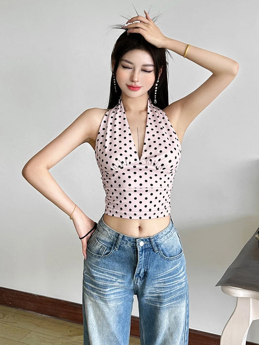 Hipster Y2K Halter Women Polka Dots Print Tank Tops Summer Elegant Sexy Fashion Wild Basic Streetwear Basic Wild Vest