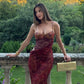 Floral Print Burgundy Maxi Dresses for Woman Sexy Bodysuit Mesh Patchwork Party Dress 2026