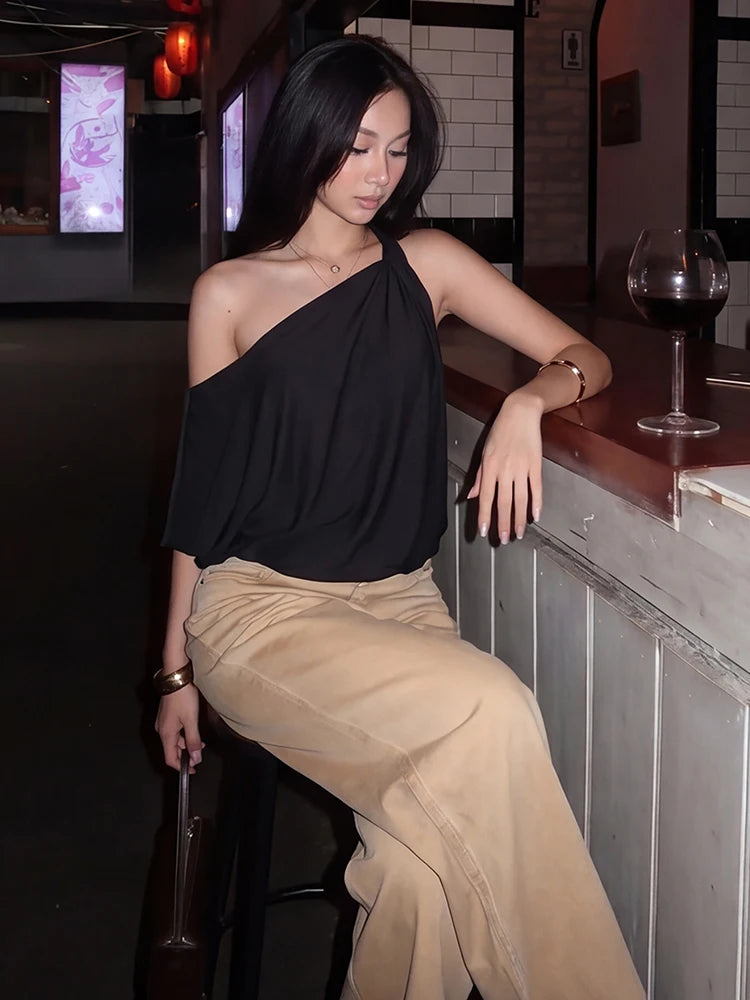 Fashion Off-Shoulder T-Shirt Women Trend Classes Skew Collar One-Sleeve Patchwork Stretch Casuals Street Sport Tess