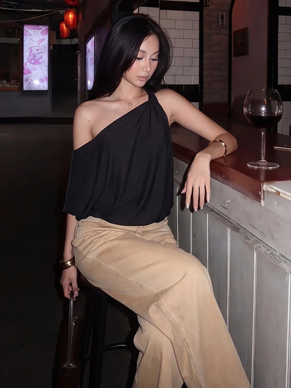 Fashion Off-Shoulder T-Shirt Women Trend Classes Skew Collar One-Sleeve Patchwork Stretch Casuals Street Sport Tess