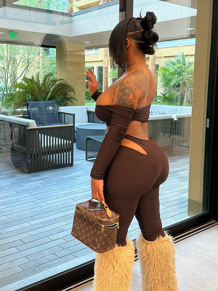 Tight Women 2 Piece Set Slash Neck Crop Tops+High-Waist Hollow Leggings Matching Streetwear Casual Sporty Outfits
