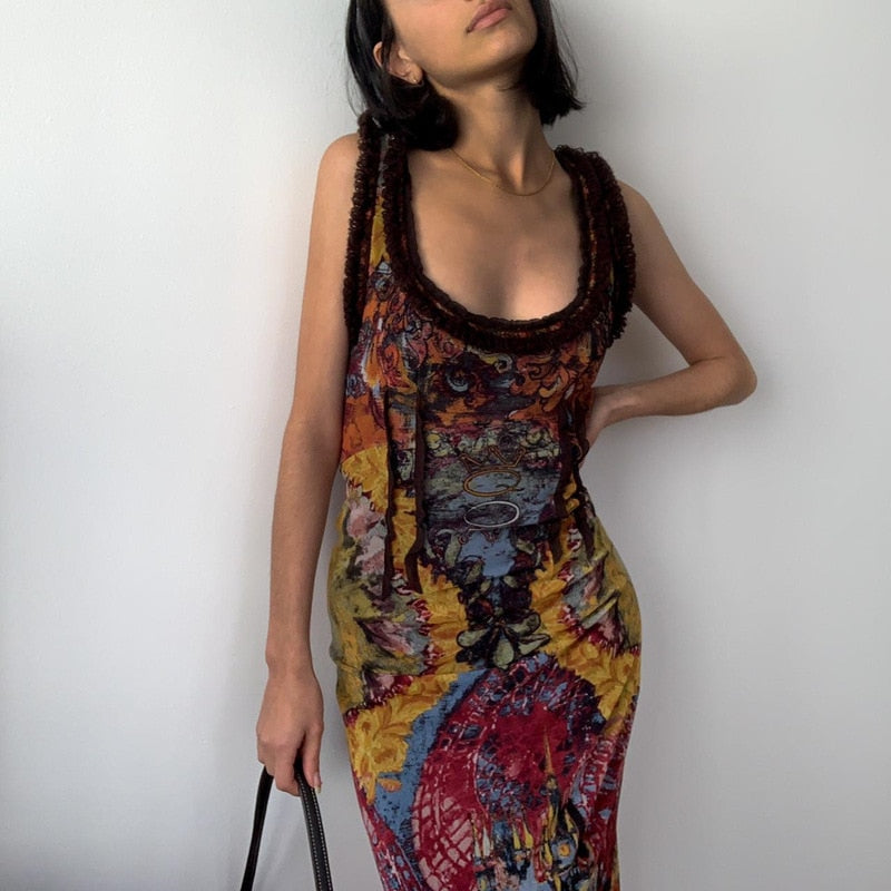 Y2k Retro Tie Dye Print Long Dresses for Women Sexy Hollow Out Lace Up Backless Maxi Dress 2000s Aesthetic