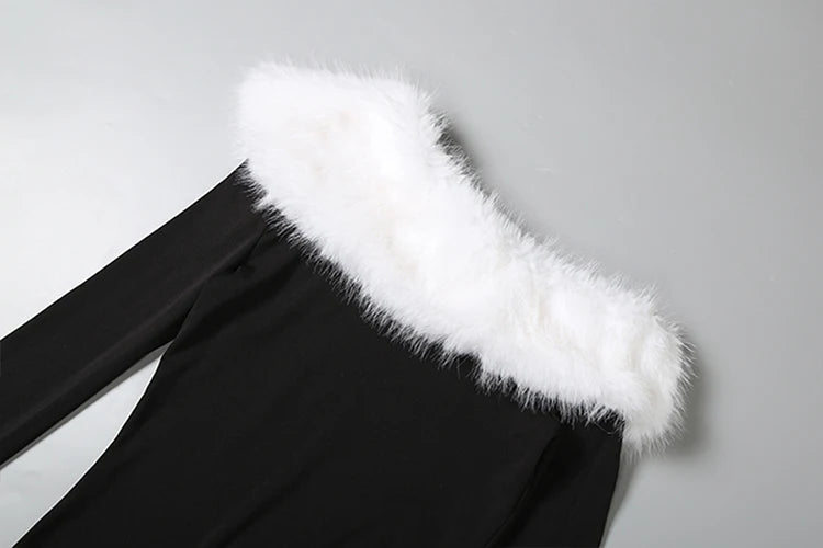 Furry Patchwork Christmas Dress Women Winter Elegant Trend Diagonal Collar Split Hem Full Sleeve Party Club Vestidos