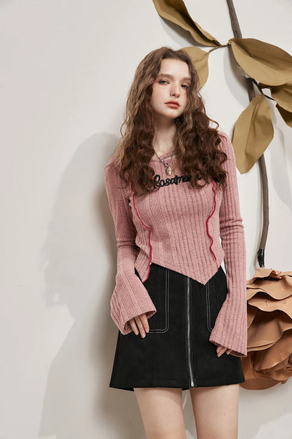 Women's Asymmetrical Ribbed Knit Top with Letter Embroidery, Flare Long Sleeve Pink Tee for Everyday Casual