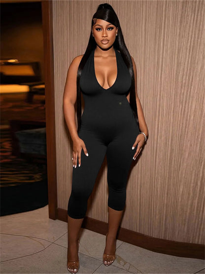 Halter Deep V-Neck Romper Women Fit Simple Sexy Basic Backless Sleeveless Skinny Stretch Casual Streetwear Playsuit