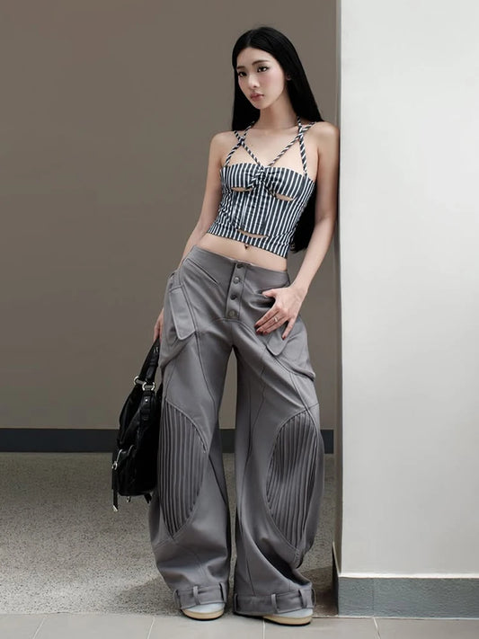 Fashion Music Festival Sexy Hollow Camisole Women Striped Print Cross Skinny  Street Hip-Hop Style Hottie Midnight Tops