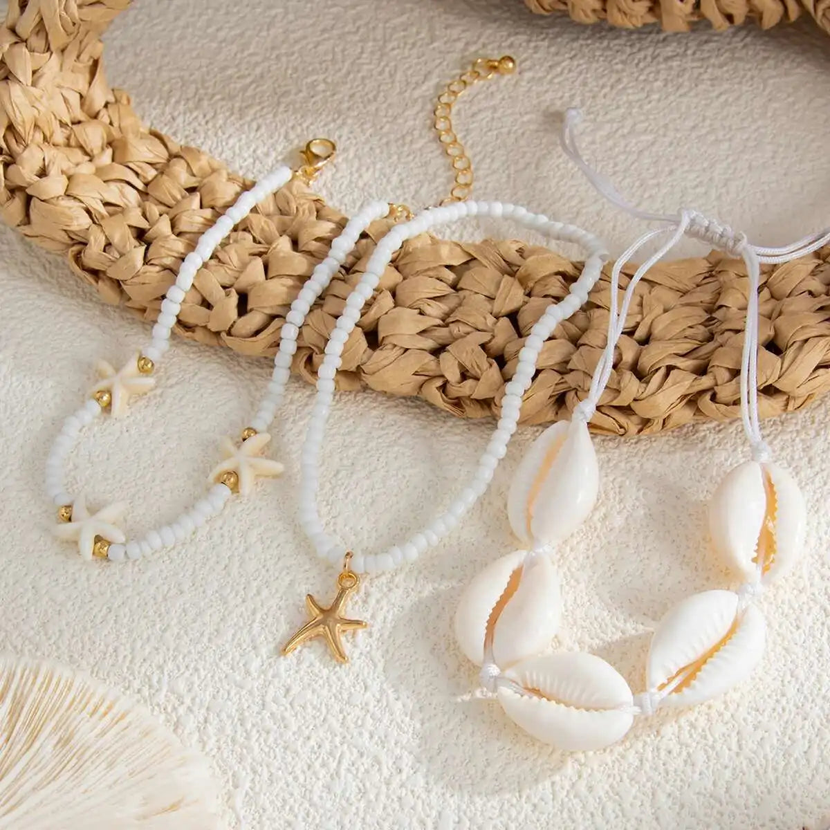 3Pcs/Set Bohemia Conch CCB Rice Beads Anklets for Women 2025 Summer Beach Vacation Foot Chains Jewelry Accessories Gift