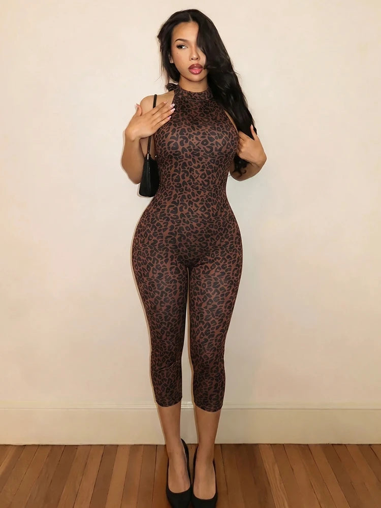 Wild Midnight Street Romper Women  Leopard Print Halter Backless Bandages Sleeveless Fashion Club Party Playsuits