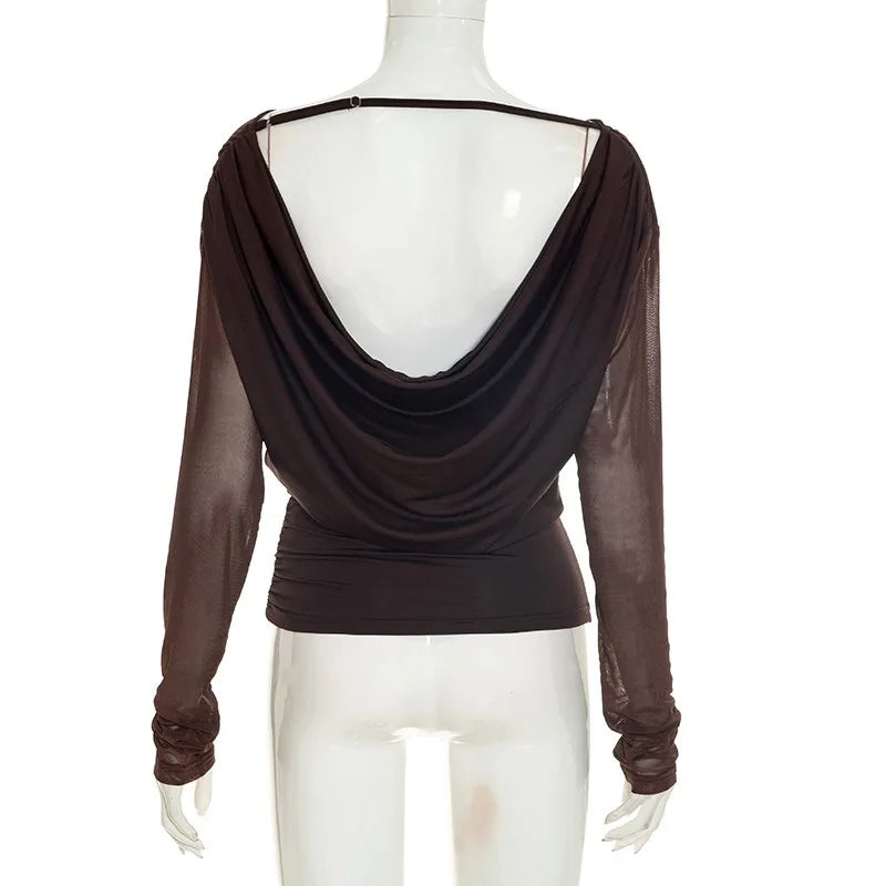Off The Shoulder Tops with Cowl Neck Sheer Mesh Long Sleeves Shirts for Woman Fashion 2026 Fall Clothing