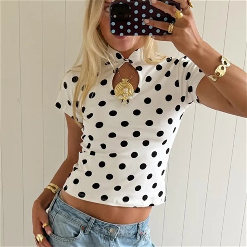 Polka Dot Cheongsam Collar T Shirt For Women Hollow Out Neck Short Sleeve Slim Casual Cropped Top Streetwear Summer Tee