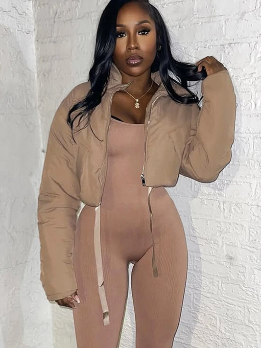Warm Zip Crop Jacket Women Hipster Pocket Turtleneck Full Sleeve Ribbon Street Basic Winter Puffer Quilted Parkas