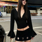 Sexy Fashion 2-Piece Set Women V-Neck Backless Lace-Up Ruffle Sleeve Crop Tops+Hollow Peach Hip Skirts Hottie Clubwear
