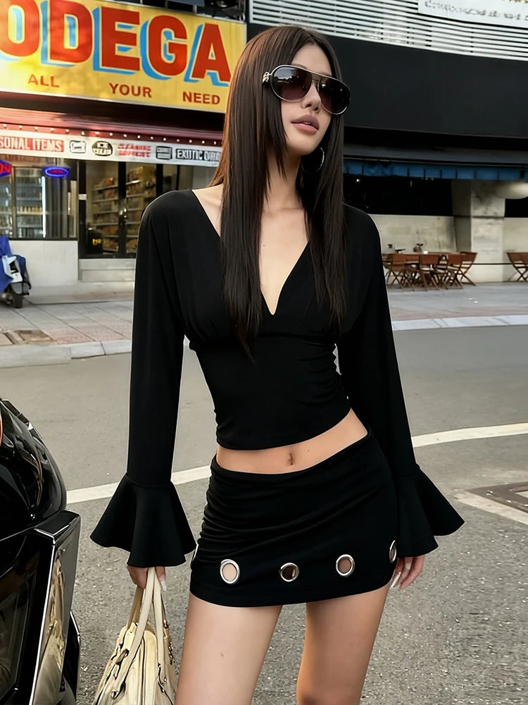 Sexy Fashion 2-Piece Set Women V-Neck Backless Lace-Up Ruffle Sleeve Crop Tops+Hollow Peach Hip Skirts Hottie Clubwear