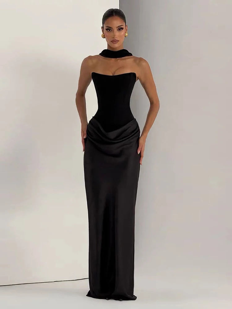 Chic Satin Patchwork Dress Women Elegant Simple Ruched Sleeveless Stretch Fashion Trend Evening Party Club Bodycon
