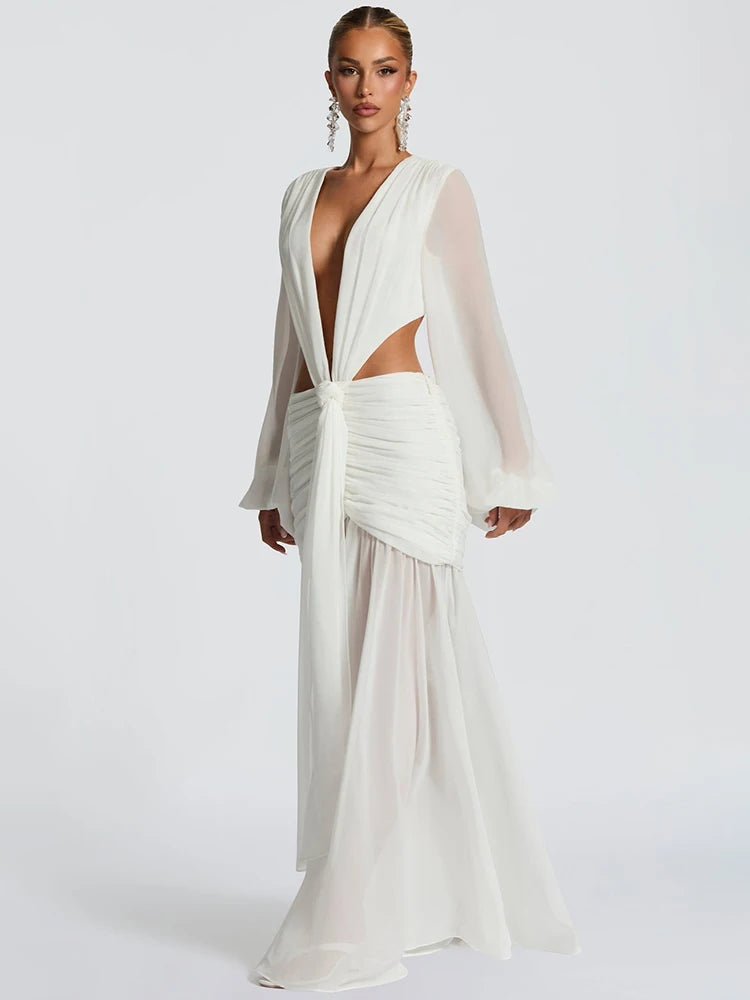 Deep V Neck Long Sleeve Sexy Maxi Dress Women Gown Fashion Hollow Out Backless Ruched Club Party Long Dress Elegant