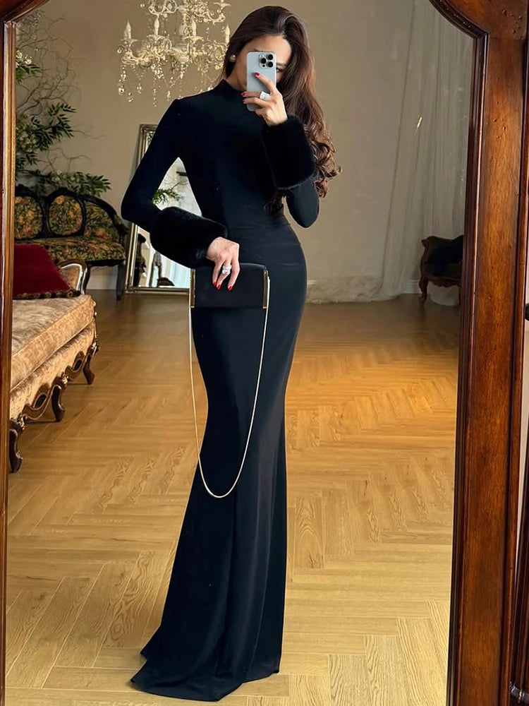 Sexy Furry Sleeve Dress Women O-Neck Autumn Trend Elegant Simple Christmas Birthday Party Stretch Skinny Maxi Bodycon