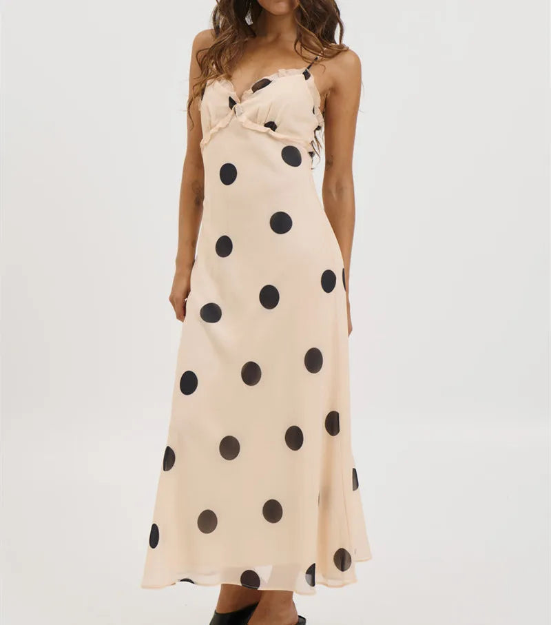 Women Summer Y2k Chiffon Maxi Dress V Neck Sleeveless Backless Polka Dot Print Ruffles Club Party Vacation Bodycon Dress