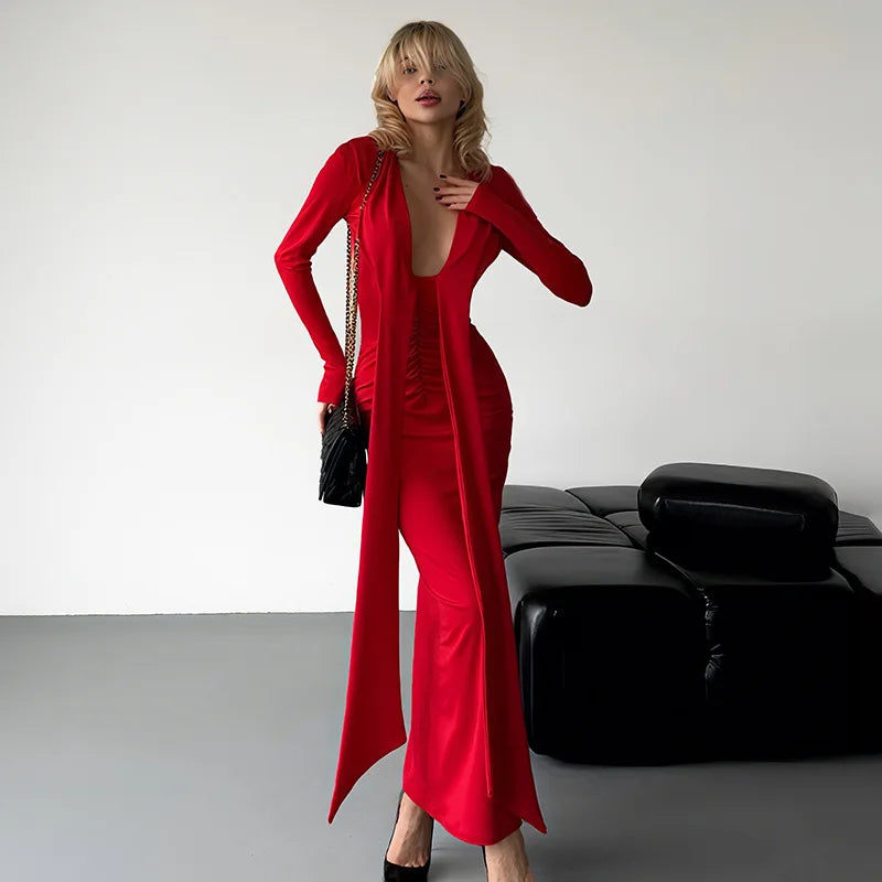 Sexy Low-cut Long Sleeve Maxi Dresses for Woman Elegant Black Dress Autumn 2025