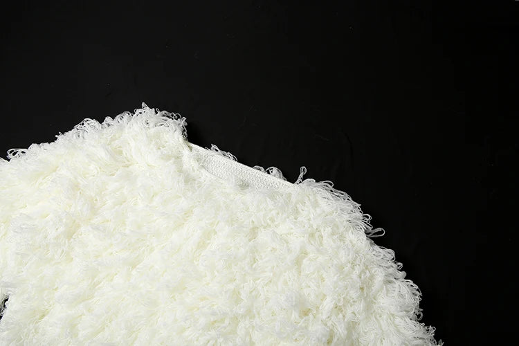 Street Fashion 2 Piece Set Woman o-Neck Full Sleeve Furry Tassel Sweater+Turtleneck Skinny Romper Causal Elegant Outfits