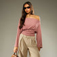 Off Shoulder Striped Fitted Long Sleeve Top with Ruched Waist Fall Woman's Clothes Casual T Shirts
