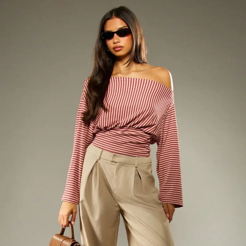 Off Shoulder Striped Fitted Long Sleeve Top with Ruched Waist Fall Woman's Clothes Casual T Shirts
