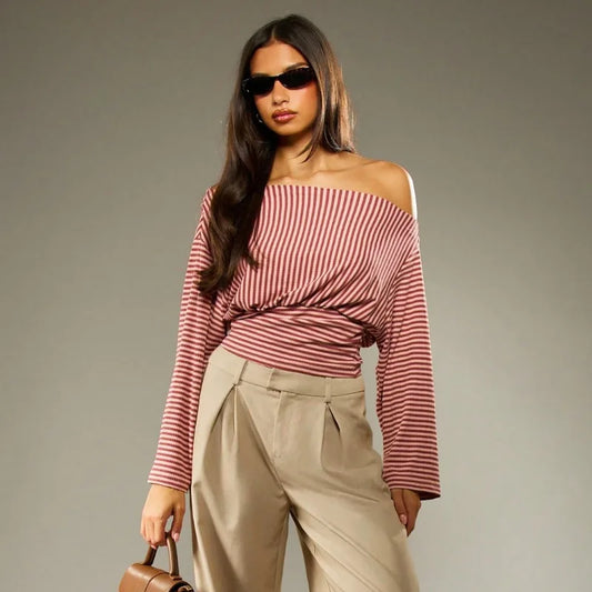 Off Shoulder Striped Fitted Long Sleeve Top with Ruched Waist Fall Woman's Clothes Casual T Shirts