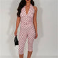 Women Polka Dot 2Piece Outfits Halter Deep V Backless Crop Top Capri Pants Set Sexy Bodycon Summer Club Party Tracksuit
