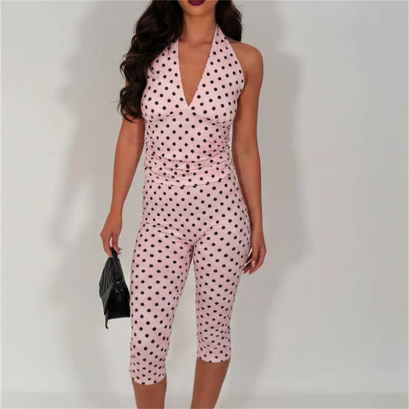 Women Polka Dot 2Piece Outfits Halter Deep V Backless Crop Top Capri Pants Set Sexy Bodycon Summer Club Party Tracksuit