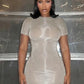 Sexy See Through Dress Women Y2K Summer O-Neck Short Sleeves Skinny Peach Hip Solid Elastic Clubwear midnight Bodycon