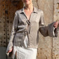 Elegant Satin Lapel Collar Shirt Women Long Sleeve Flare Cuff Tie Front Blouse Solid Color Silky V Neck Lace Up Cardigan