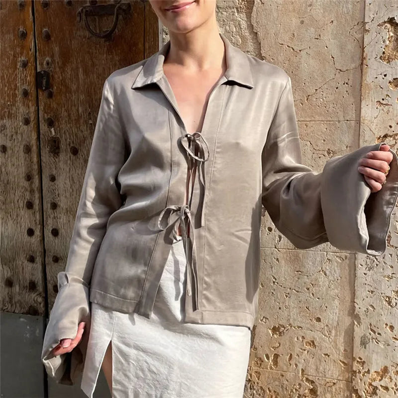 Elegant Satin Lapel Collar Shirt Women Long Sleeve Flare Cuff Tie Front Blouse Solid Color Silky V Neck Lace Up Cardigan