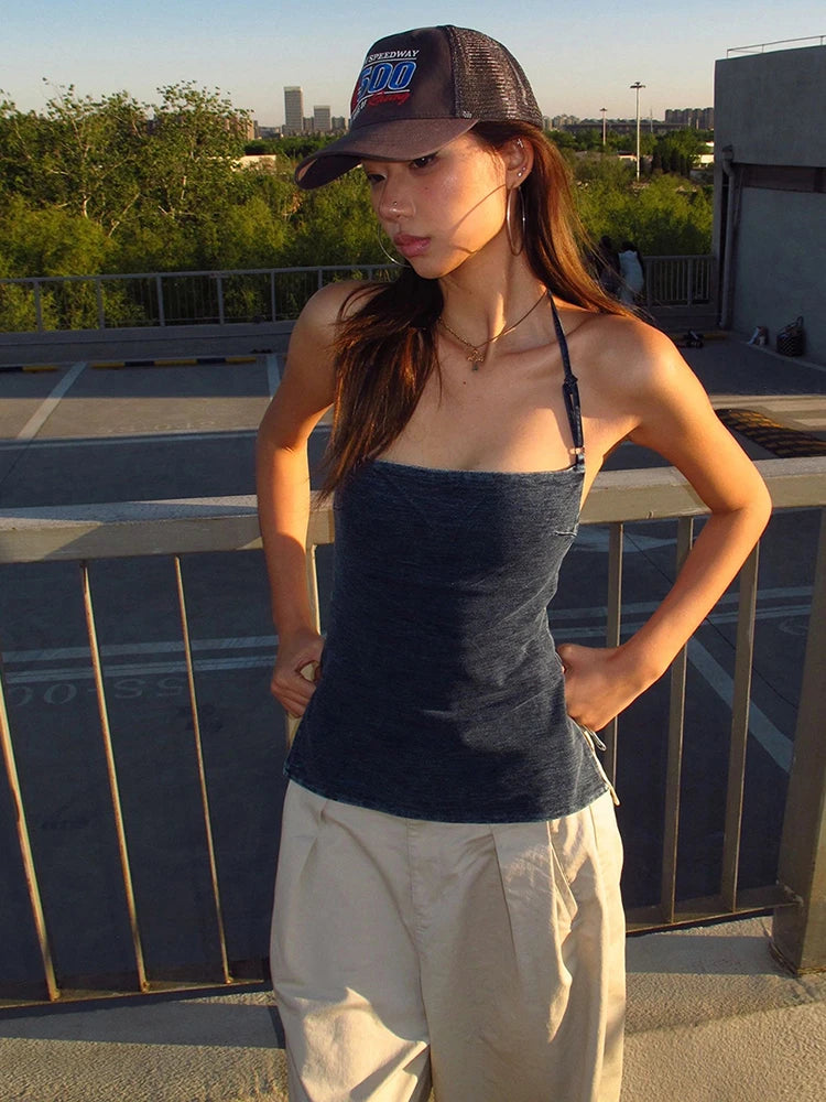 High Street StyleTank Tops Women Halter Sexy BandageBackless Side Splits Skinny Tops Hottie Hipster Classic Outfits