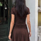 Short Sleeve Mini Dress with Keyhole Cutout and Ruched Waist Brown Black Dresses for Woman Clothing