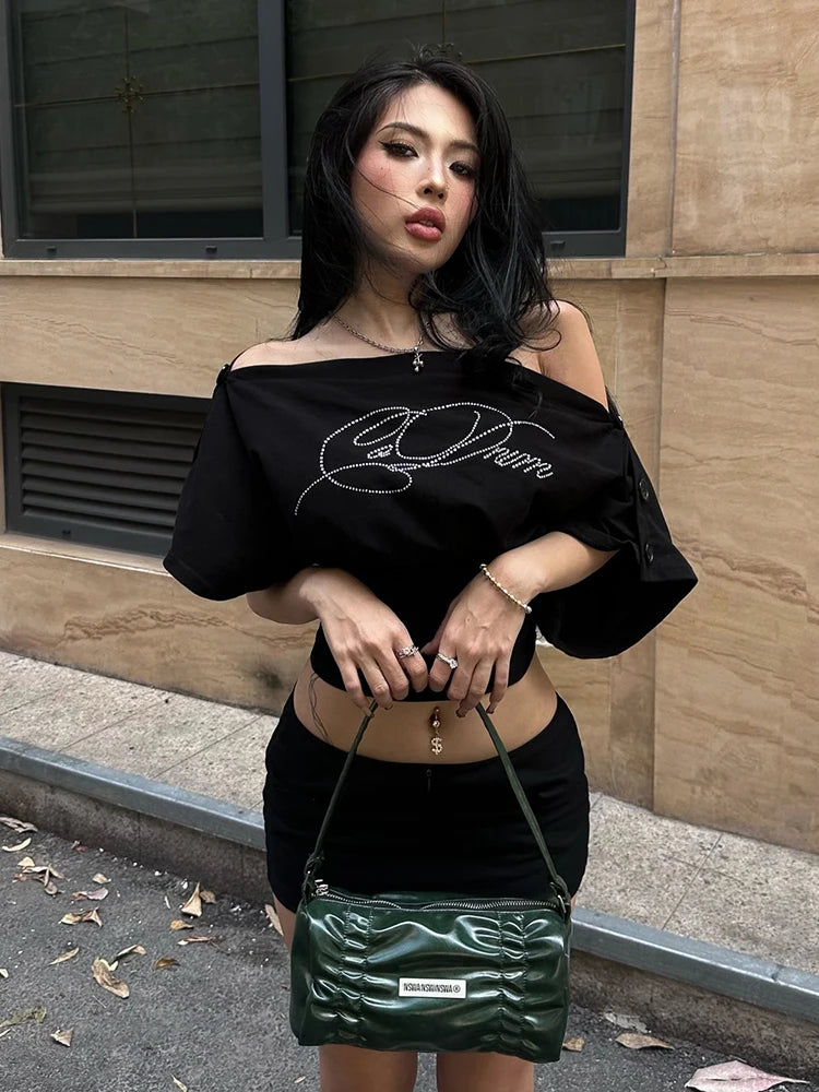 Slash Neck t-Shirt Women Button Half Sleeve Fake Diamond Letter Music Festival Leisure Daily Summer Trend Streetwear