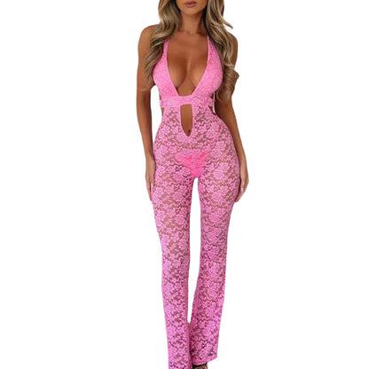 Women Sexy See Through Long Pant Jumpsuit Chic Deep V Neck Floral Lace Romper Cut Out Mesh Outfits Playsuit Streetwear