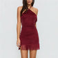 Sparkly Glitter Halter Bodycon Mini Dress Women Tassel Fringe Hem Back Self Tie Sleeveless Backless Night Out Club Dress
