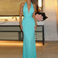 Women Halter Deep V Cutout Mermaid Maxi Dress Sexy Backless Ruched Long Gown Sleeveless Bodycon Party Evening Dress
