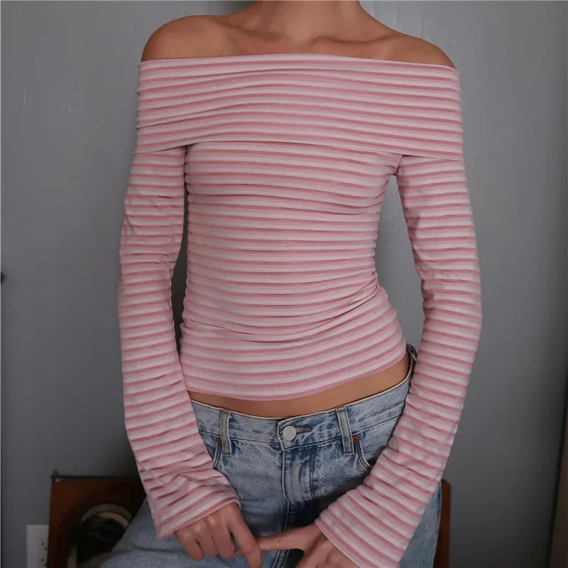 Stripe Fold Over Off Shoulder Top Long Sleeve Slim Ribbed Crop Tee Women Soft Stretchy Casual Streetwear Basic Short Top