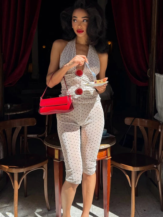 Polka Dot Print Mesh 2 Piece Set Women Sexy Rose Applique Halter Backless Ruched Vest+Knee-Length Short Streetwear