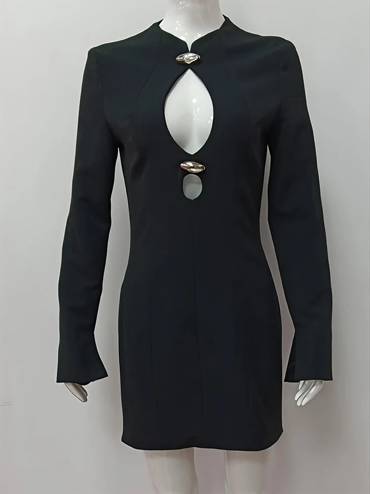 Hollow Out Long Sleeve Sexy Blazer Dress Women Elegant Autumn Winter New Cut Out High Waist Club Party Blazers Dresses
