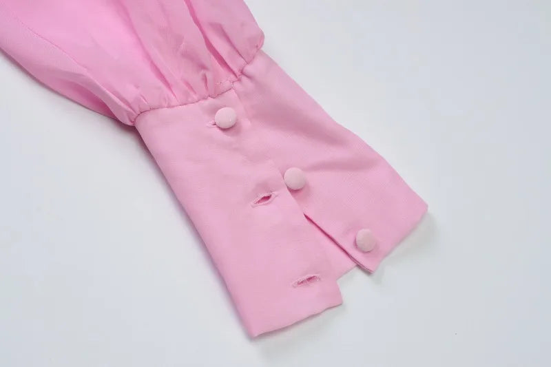 Transparent Chiffon Pink Mini Dress Sexy Outfits Women Clothes Hollow Open Back Long Sleeve Dresses Fall