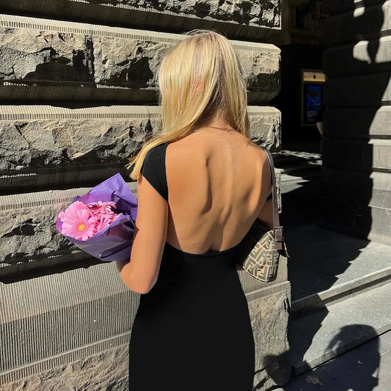 Short Sleeve Backless Long Dresses Sexy Outfits for Women Clothes Basics Casual Bodycon Grey Black Dress